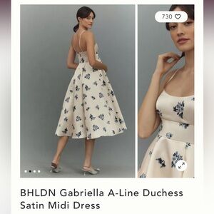 BHLDN Cream Satin Midi Dress with Blue Floral Print
